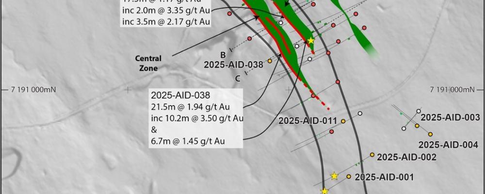 Plankarta över borrprogrammet 2025 (Aida). Bild: CNW Group/First Nordic Metals Corp