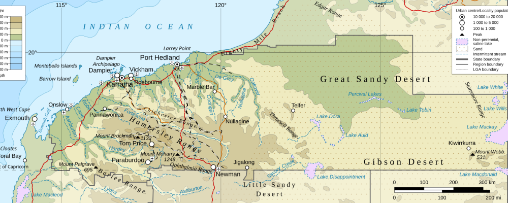 Australiens järnmalmsrika region Pilbara. Karta: Obivan Kenobi/Wikimedia Commons