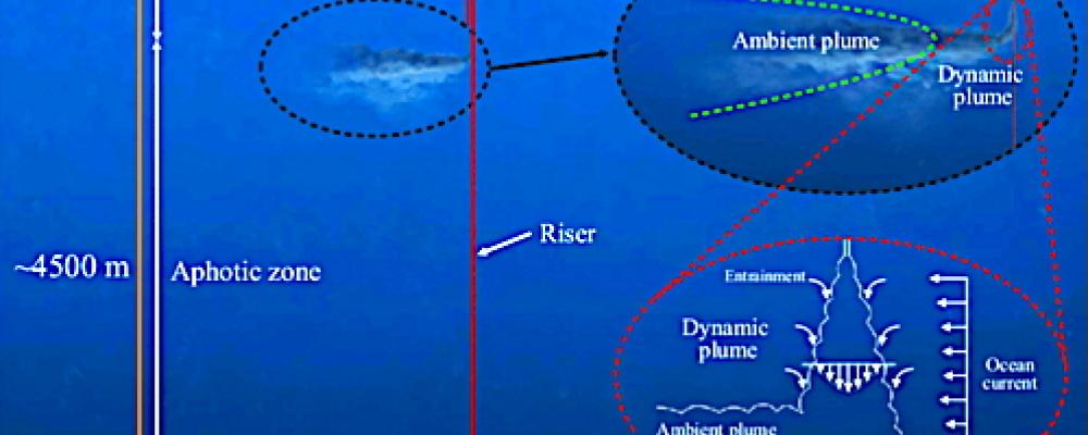 Schematisk bild av en gruvoperation för polymetalliska noduler. Från topp till botten visar de tre inzoomade panelerna ytfartyget, sedimentplymen i vattenmassan samt nodulinsamlaren som arbetar på havsbotten. Plymen i vattenmassan består av två steg:
(i) den dynamiska plymen, där sedimentrikt utsläppsvatten snabbt sjunker och späds ut till en nivå med neutral flytkraft, samt (ii) den efterföljande omgivande plymen som förs med havsströmmar och påverkas av bakgrundsturbulens och sedimentation. Bild: Wikipedia Commons Lic, kredit: Carlos Muñoz-Royo