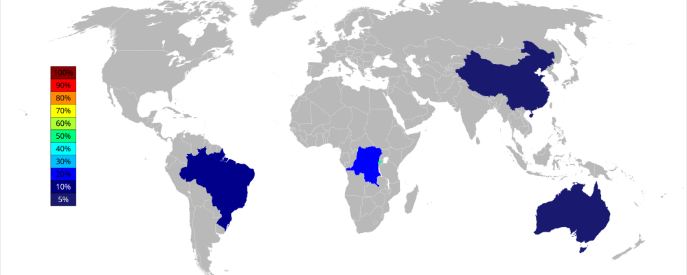 Viktigaste producentländerna av tantal i blått. Karta: Schtone/Wikimedia Commons
