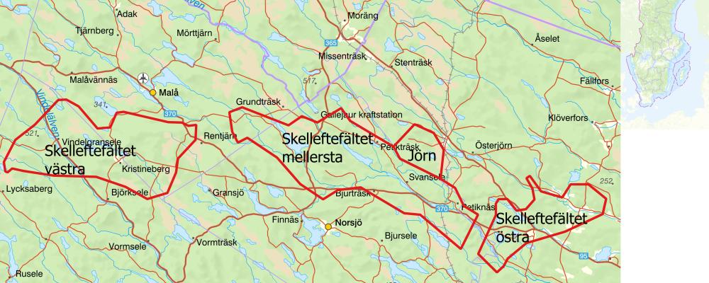 Karta över beslutade områden i Skelleftefältet och tidigare beslutade området Jörn. Karta: SGU