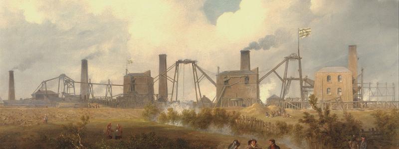 Tavla som visar en kolgruva med tillhörande produktionsanläggningar på 1800-talet i England. Bild: Wikimedia Commons