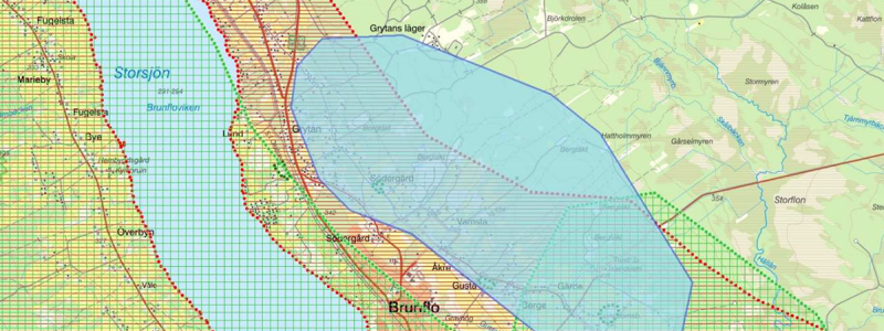 Överlappande riksintresseanspråk omkring Brunflo. Riksintresse (RI) Kulturmiljövård i rött, RI Friluftsliv i ljusgrönt, RI Naturvård i mörkgrönt. RI för fyndigheten Brunflo i blått. Karta: SGU