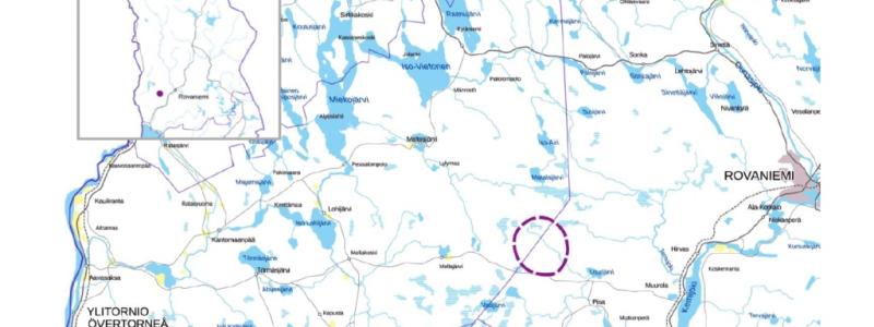 Projektområdet ligger i södra Lappland vid gränsområdet mellan Rovaniemi och Övertorneå. Det ungefärliga läget är markerat med lila på kartan. Karta: Rajapalot