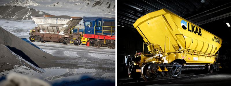 Till vänster en vagn som tidigare byggts om för transport av finkorningt material. Till höger vagn nummer 1000 av ca 1200 pelletsvagnar modell F050 i LKAB:s flotta. Foto: Kiruna Wagon