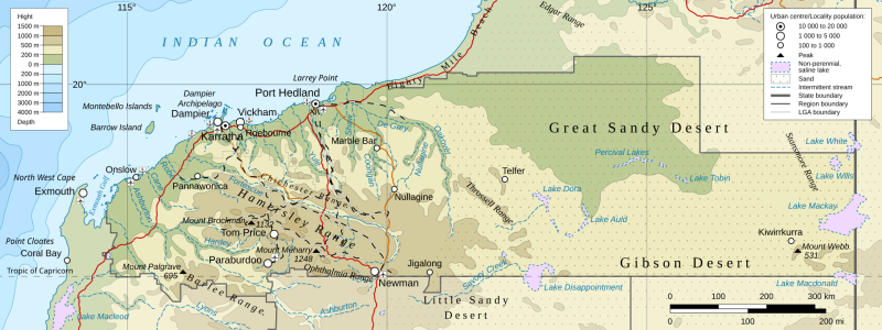 Australiens järnmalmsrika region Pilbara. Karta: Obivan Kenobi/Wikimedia Commons