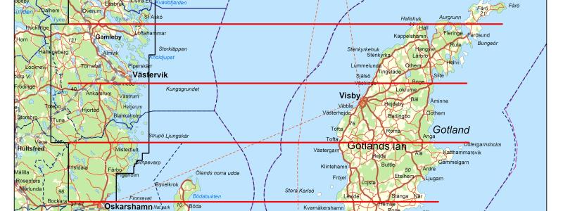 Karta över område för geofysiska flygmätningar i Östergötlands, Kalmar och Gotlands län år 2023. Aktuellt område för reguljär mätning med 200 meters linjeavstånd är markerat med svart ram. Mätlinjer till Gotland i rött. Karta: SGU
