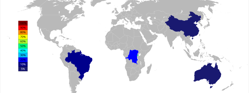 Viktigaste producentländerna av tantal i blått. Karta: Schtone/Wikimedia Commons