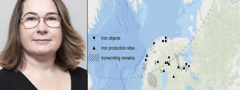 Carina Bennerhag, arkeolog vid Norrbottens museum och doktor i teknikhistoria vid Luleå tekniska universitet. Foto: Tomas Bergman/Luleå tekniska universitet.  Karta: Carina Bennerhag © Norrbottens museum.