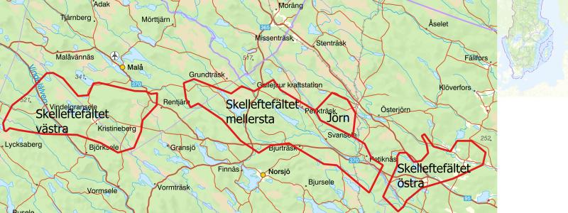 Karta över beslutade områden i Skelleftefältet och tidigare beslutade området Jörn. Karta: SGU