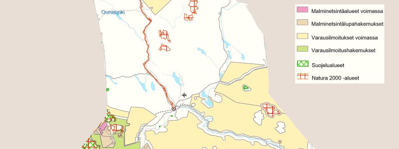 Totalt fyra företag: Latitude 66 Cobalt, Firefox Gold, Mawson och Suhanko Arctic Platinium har under senaste åren letat efter malm i berggrunden i Rovaniemi. Bilden visar området. Karta: Kaivosrekisterin
karttapalvelu