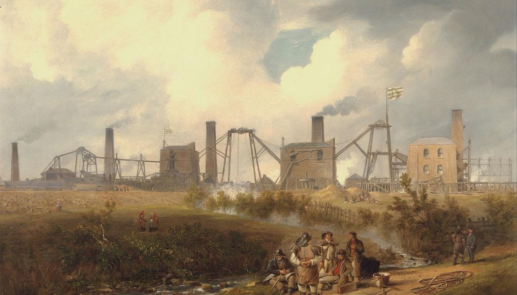 Tavla som visar en kolgruva med tillhörande produktionsanläggningar på 1800-talet i England. Bild: Wikimedia Commons