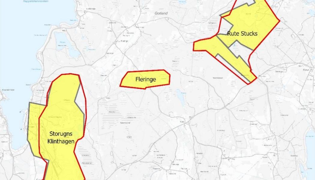 Karta som visar de utpekade riksintresseområdena. Tidigare områden markerat i gult och nya avgränsningar i rött. Karta: SGU