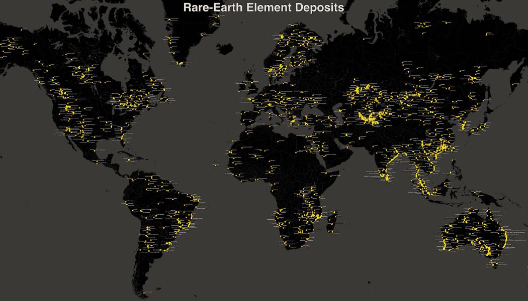 Globala fyndigheter av sällsynta jordartsmetaller. Karta: Wikipedia Commons lic. Kredit: Upphovsperson: Wikideas1