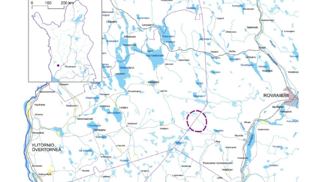 Projektområdet ligger i södra Lappland vid gränsområdet mellan Rovaniemi och Övertorneå. Det ungefärliga läget är markerat med lila på kartan. Karta: Rajapalot