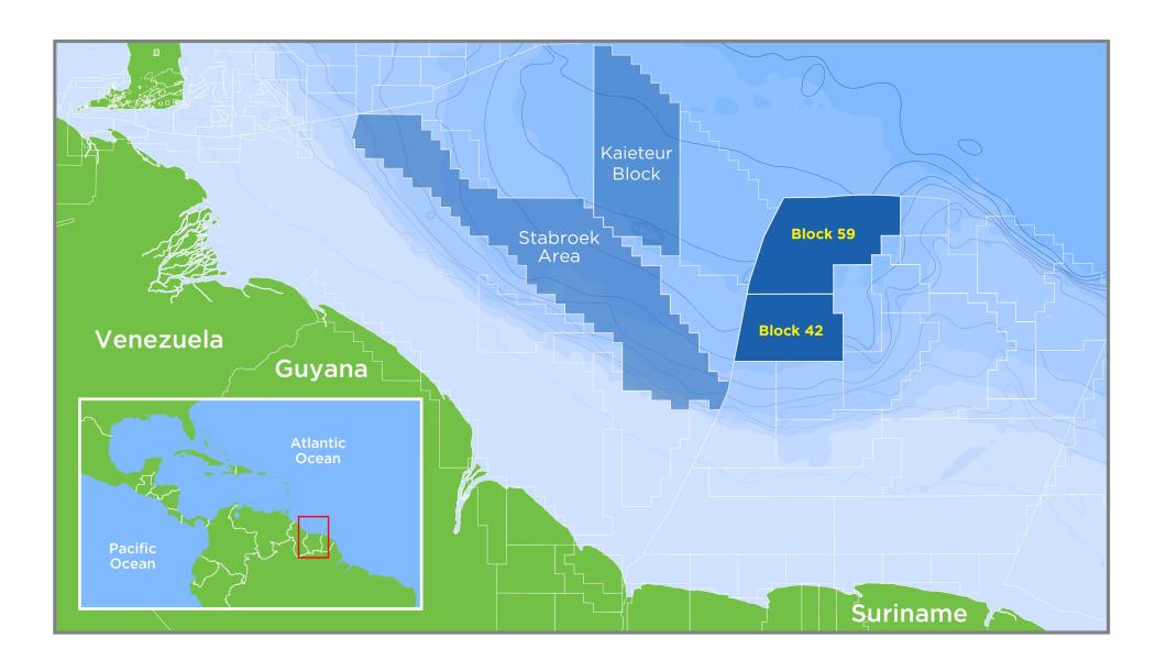 Under 2016 förvärvade Hess en tredjedel av icke-opererad andel i kontraktsområdet Block 42, som ligger utanför Surinam längs den så kallade nordöstra marginalen av Sydamerika. Deepwater Block 59, som ligger i norr och gränsar till Block 42, tilldelades Hess och samarbetspartnerna ExxonMobil och Equinor 2017. Foto: Hess