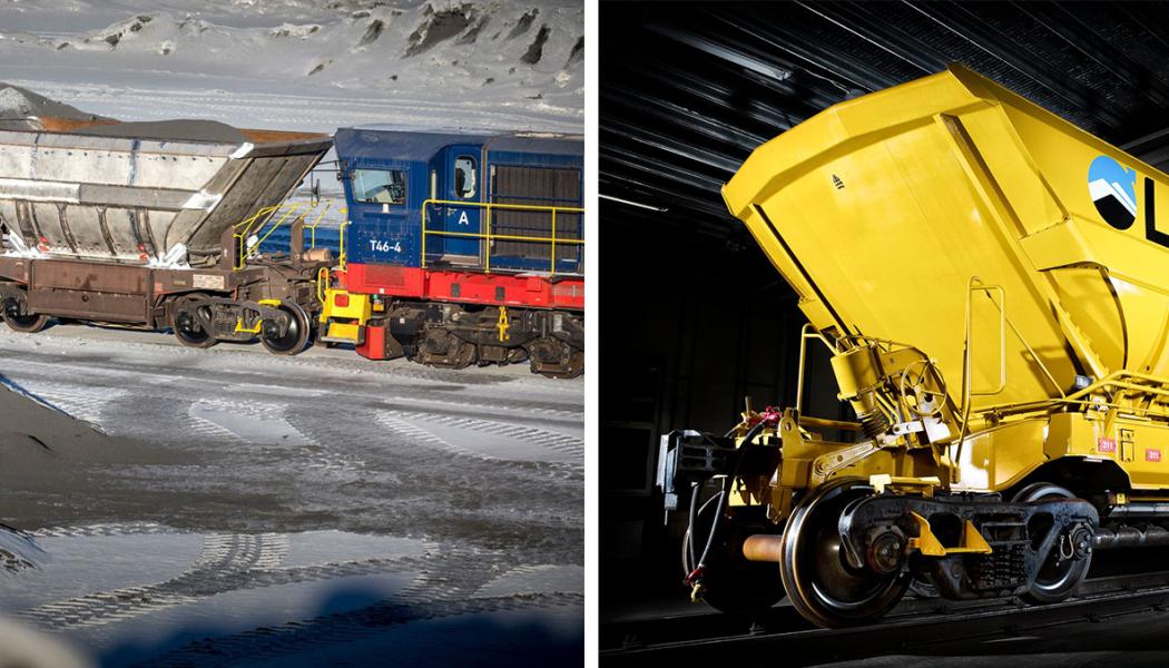 Till vänster en vagn som tidigare byggts om för transport av finkorningt material. Till höger vagn nummer 1000 av ca 1200 pelletsvagnar modell F050 i LKAB:s flotta. Foto: Kiruna Wagon