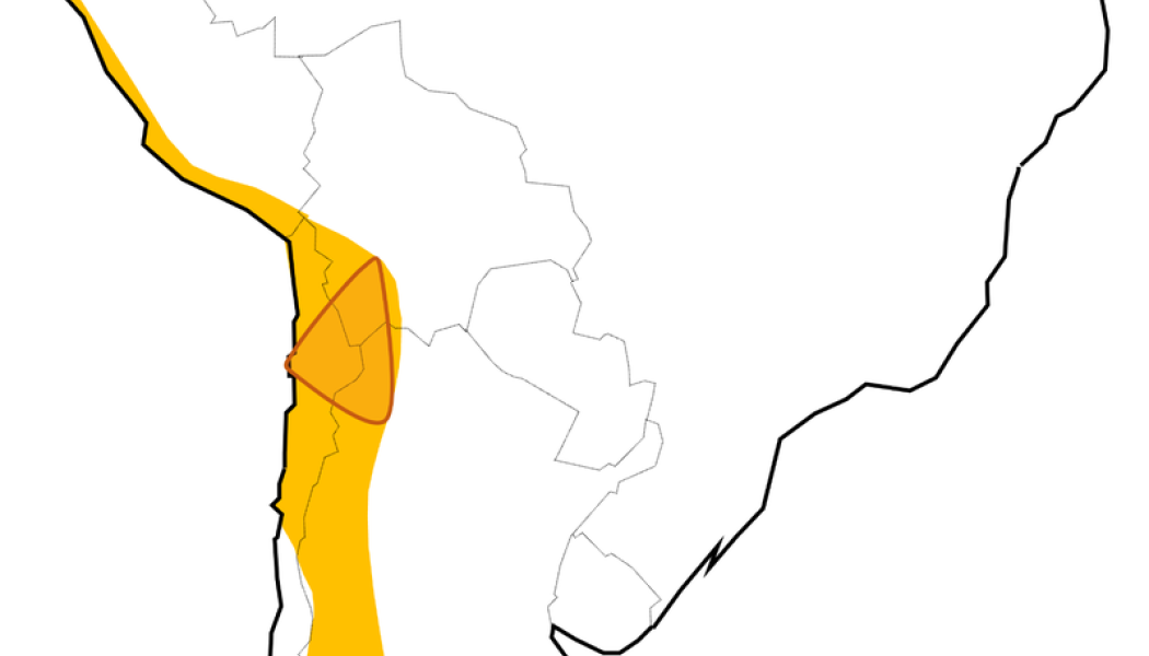 Det gula fältet visar litiumtriangelns utbredning. Karta: Mamayuco/Wikimedia Commons