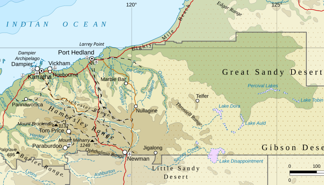 Australiens järnmalmsrika region Pilbara. Karta: Obivan Kenobi/Wikimedia Commons