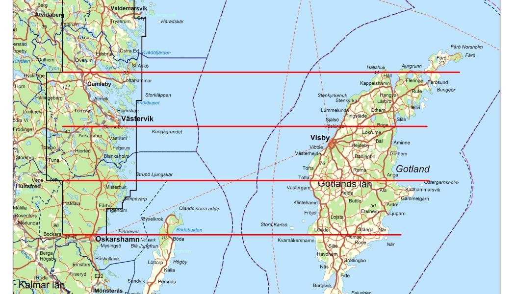 Karta över område för geofysiska flygmätningar i Östergötlands, Kalmar och Gotlands län år 2023. Aktuellt område för reguljär mätning med 200 meters linjeavstånd är markerat med svart ram. Mätlinjer till Gotland i rött. Karta: SGU