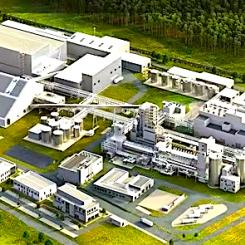Guben Converter är den första av fem planerade litiumomvandlingsanläggningar som Rock Tech planerar att bygga i Europa och Nordamerika. Driftstart är planerad till mitten av 2025, och kommersiell produktion av batterikvalitativ litiumhydroxid förväntas inledas 2026. Illustration: Rock Tech