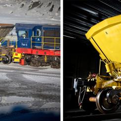 Till vänster en vagn som tidigare byggts om för transport av finkorningt material. Till höger vagn nummer 1000 av ca 1200 pelletsvagnar modell F050 i LKAB:s flotta. Foto: Kiruna Wagon