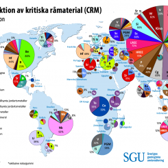 På kartan visas den globala produktionen av olika kritiska råvaror. Från Ryssland kommer bland annat nickel, vanadin och platinagruppens metaller, som exempelvis palladium som används i bilkatalysatorer.
