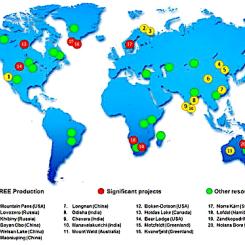 Karta över världens kända reserver av sällsynta jordartsmetaller baserad på data från U.S. Geological Survey.