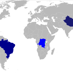 Viktigaste producentländerna av tantal i blått. Karta: Schtone/Wikimedia Commons