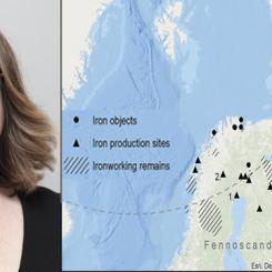 Carina Bennerhag, arkeolog vid Norrbottens museum och doktor i teknikhistoria vid Luleå tekniska universitet. Foto: Tomas Bergman/Luleå tekniska universitet.  Karta: Carina Bennerhag © Norrbottens museum.