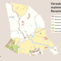 Totalt fyra företag: Latitude 66 Cobalt, Firefox Gold, Mawson och Suhanko Arctic Platinium har under senaste åren letat efter malm i berggrunden i Rovaniemi. Bilden visar området. Karta: Kaivosrekisterin
karttapalvelu