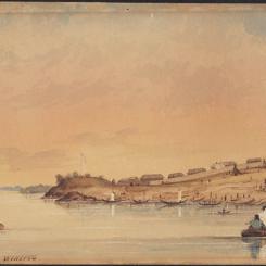 Norway House antas ha fått sitt namn från före detta norska straffångar som bygge en väg i området. Skiss från 1847. Bild:  William Henry Edward Napier/Wikimedia Commons